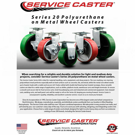 Service Caster 4 Inch Green Poly on Cast Iron Swivel Caster Set with Ball Bearings and Brakes SCC-20S420-PUB-GB-TLB-4